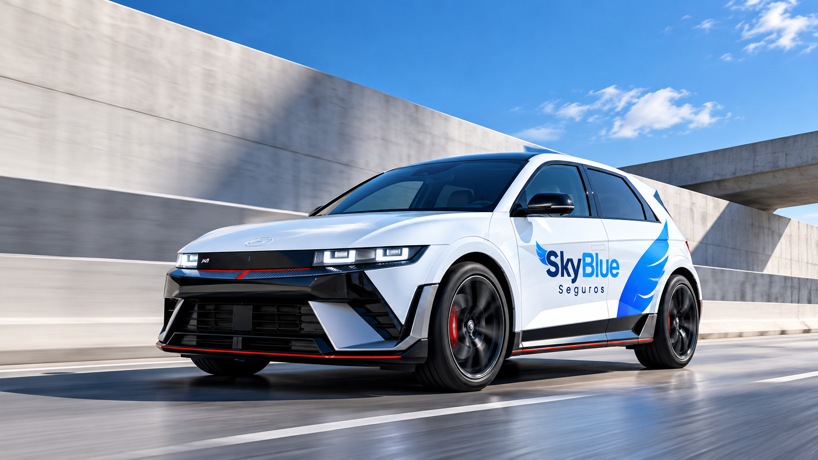 Vehículo eléctrico deportivo blanco con el logotipo de SkyBlue Seguros circulando por una carretera moderna bajo un cielo azul.
