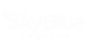 SkyBlue Seguros official white logo – Spanish-language auto, home, and mobile home insurance services.