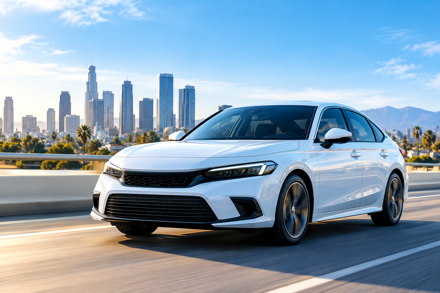 Sedán blanco circulando por una carretera con el horizonte de Los Ángeles. Cotiza tu seguro de auto con SkyBlue Seguros y recibe atención personalizada en español.